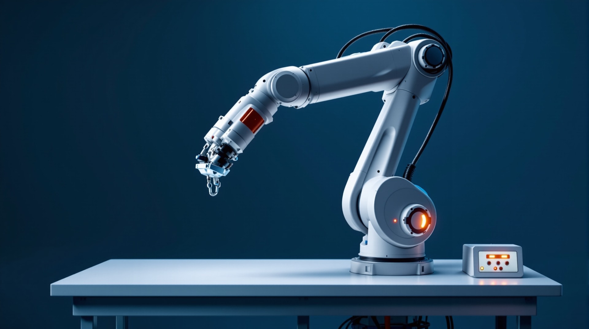 Industrial robotic arm articulated over a workbench in a research laboratory