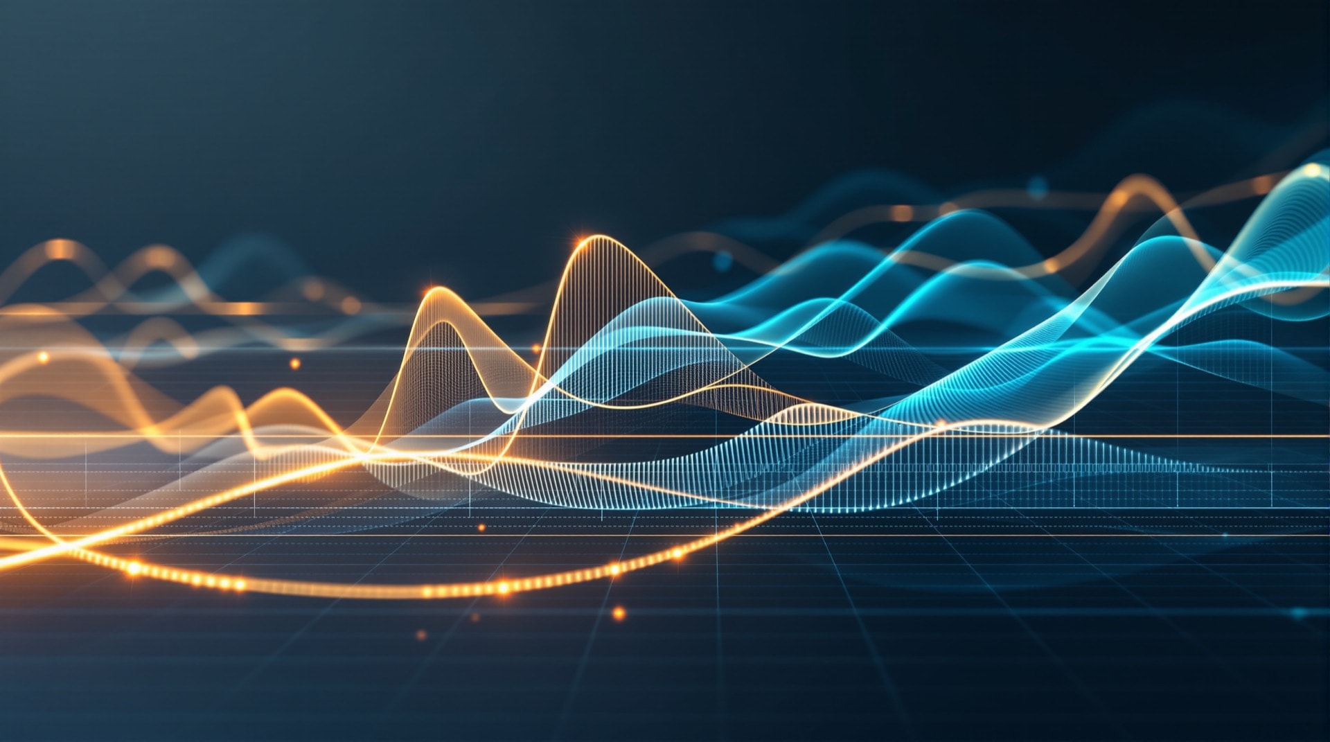 Layered waveform and spectrum traces rendered as an abstract technical illustration