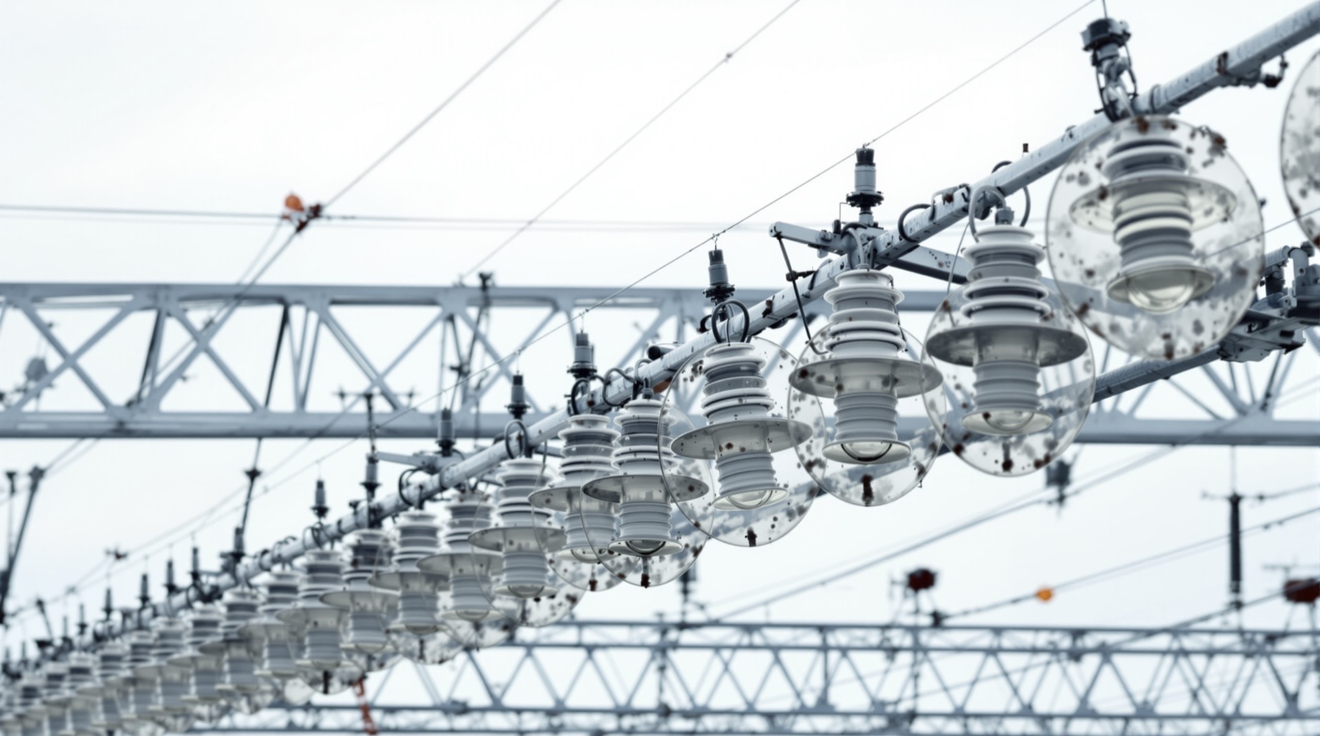 Ceramic insulator strings and substation structures against an overcast sky