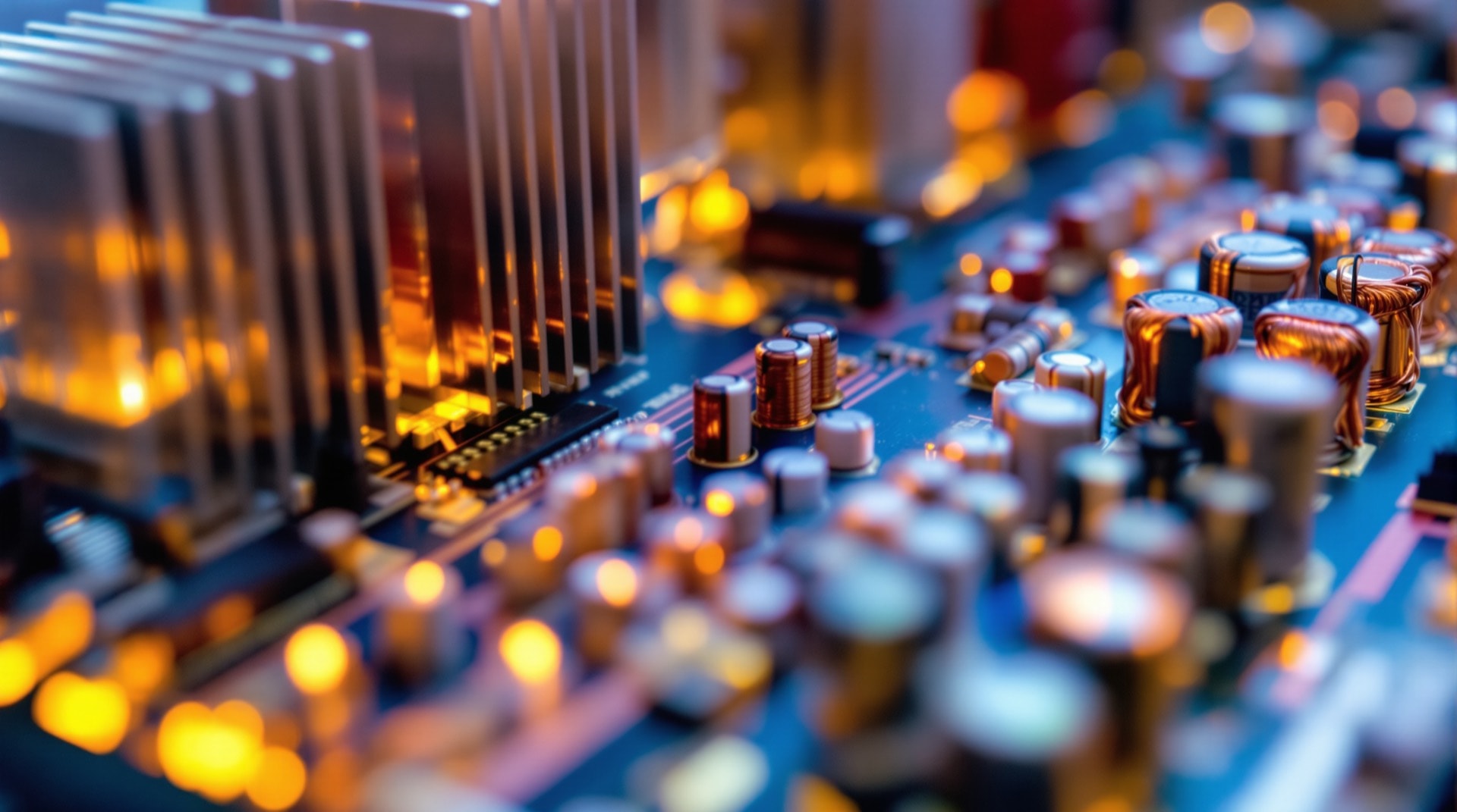 Close-up of a power converter board with heatsinks, magnetics and large capacitors