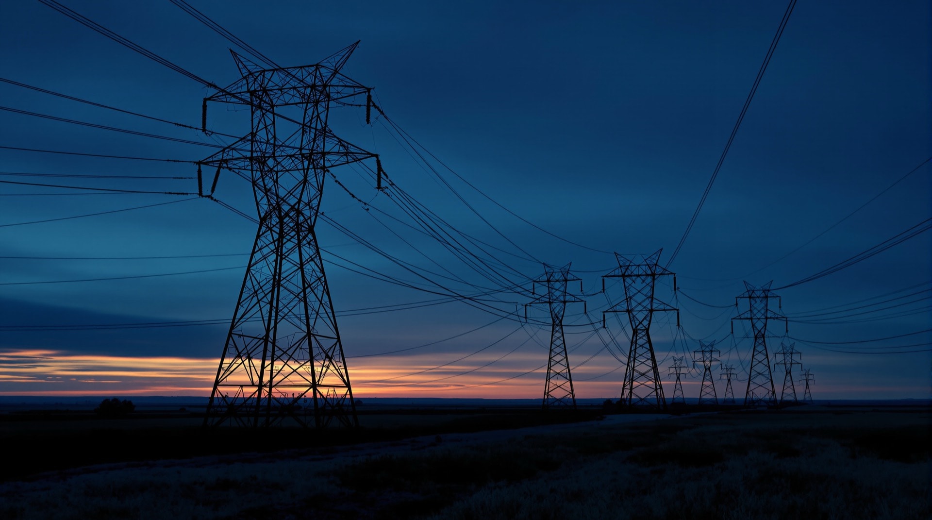 High-voltage transmission towers carrying conductors across open landscape at dusk