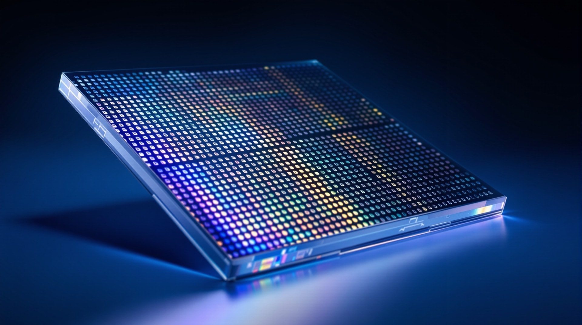 Silicon wafer showing repeated die patterns under directional light